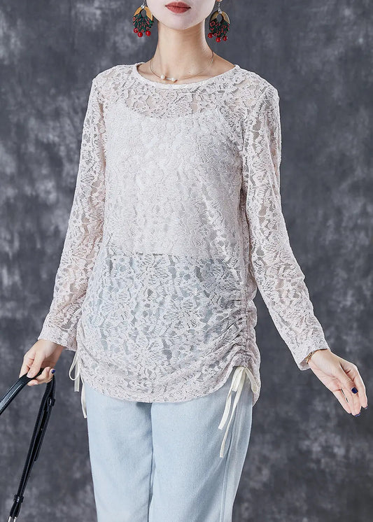 Classy Beige Cinched Hollow Out Back Button Down Lace Blouses Fall Ada Fashion