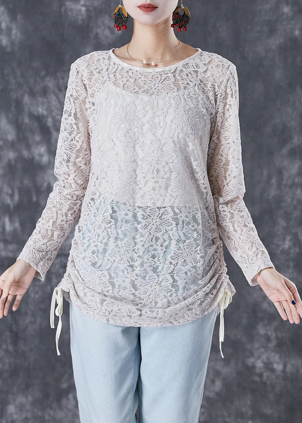 Classy Beige Cinched Hollow Out Back Button Down Lace Blouses Fall Ada Fashion