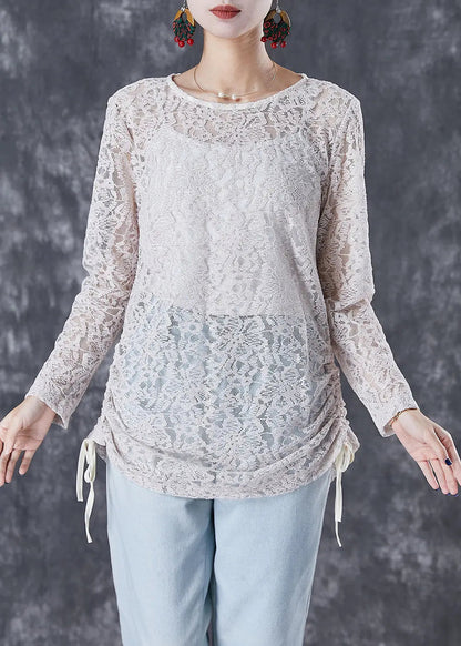 Classy Beige Cinched Hollow Out Back Button Down Lace Blouses Fall Ada Fashion