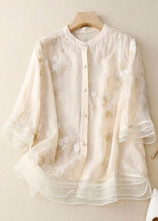 Classy Beige Embroideried Button Patchwork Cotton Shirt Tops Summer Ada Fashion