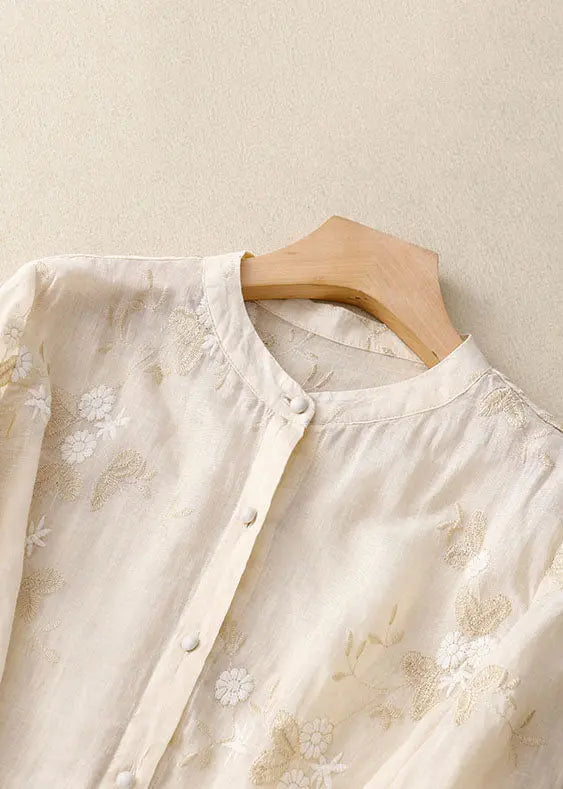 Classy Beige Embroideried Button Patchwork Cotton Shirt Tops Summer Ada Fashion