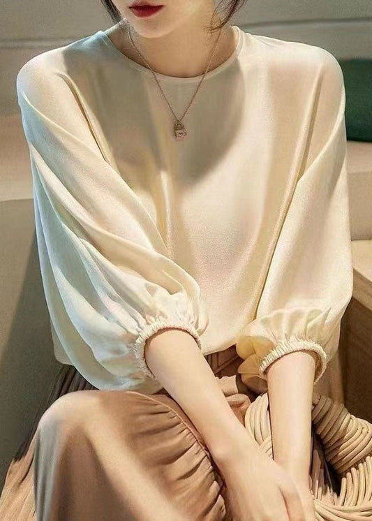 Classy Beige O Neck Patchwork Silk Shirt Top Batwing Sleeve LY0086 - fabuloryshop