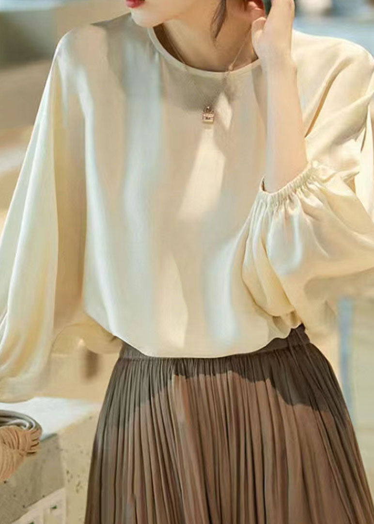 Classy Beige O Neck Patchwork Silk Shirt Top Batwing Sleeve LY0086 - fabuloryshop