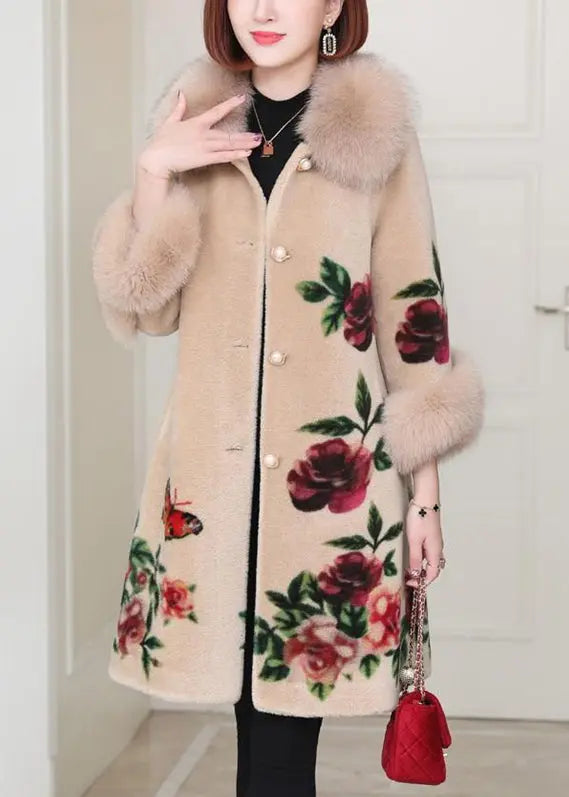 Classy Beige Peter Pan Collar Pockets Print Woolen Coats Winter Ada Fashion