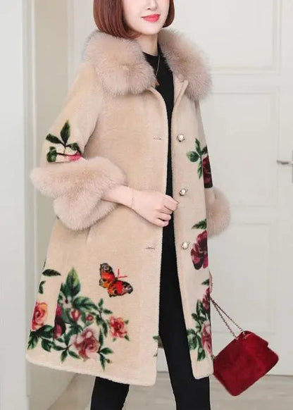 Classy Beige Peter Pan Collar Pockets Print Woolen Coats Winter Ada Fashion