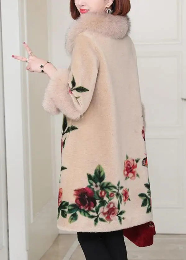 Classy Beige Peter Pan Collar Pockets Print Woolen Coats Winter Ada Fashion