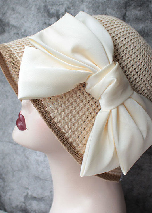 Classy Beige Silk Bow Straw Woven Bucket Hat LC0470