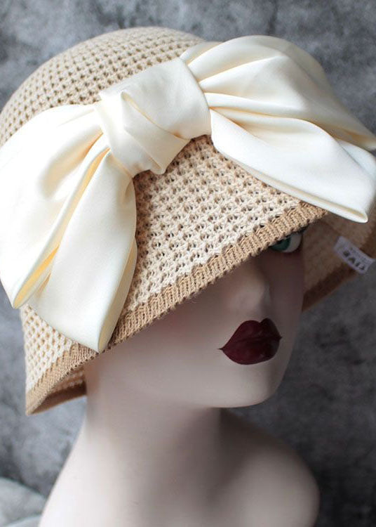 Classy Beige Silk Bow Straw Woven Bucket Hat LC0470 - fabuloryshop