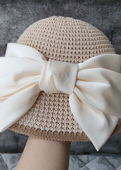 Classy Beige Silk Bow Straw Woven Bucket Hat LC0470 - fabuloryshop