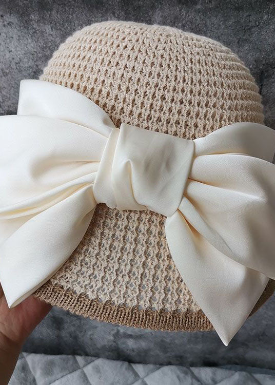 Classy Beige Silk Bow Straw Woven Bucket Hat LC0470 - fabuloryshop