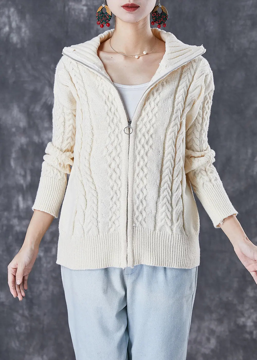 Classy Beige Zippered Thick Cable Knit Coats Fall Ada Fashion