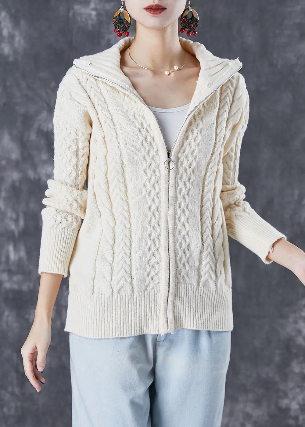 Classy Beige Zippered Thick Cable Knit Coats Fall Ada Fashion