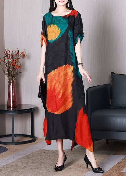 Classy Black Asymmetrical Print Silk Robe Dresses Summer LY3761 - fabuloryshop