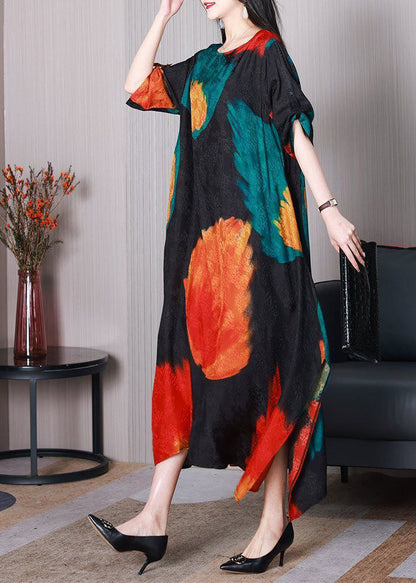 Classy Black Asymmetrical Print Silk Robe Dresses Summer LY3761 - fabuloryshop