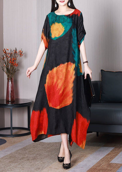 Classy Black Asymmetrical Print Silk Robe Dresses Summer LY3761 - fabuloryshop