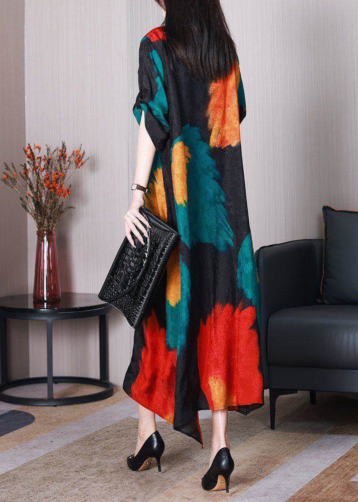 Classy Black Asymmetrical Print Silk Robe Dresses Summer LY3761 - fabuloryshop