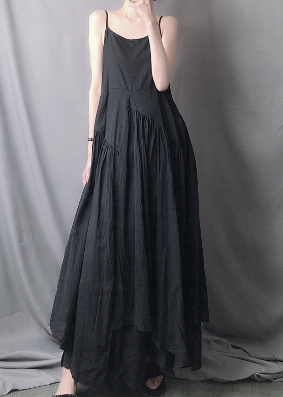 Classy Black Asymmetrical Wrinkled Patchwork Cotton Spaghetti Strap Dress Sleeveless Ada Fashion