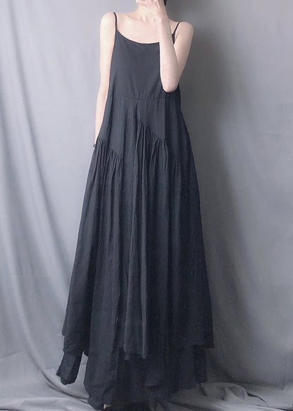 Classy Black Asymmetrical Wrinkled Patchwork Cotton Spaghetti Strap Dress Sleeveless Ada Fashion