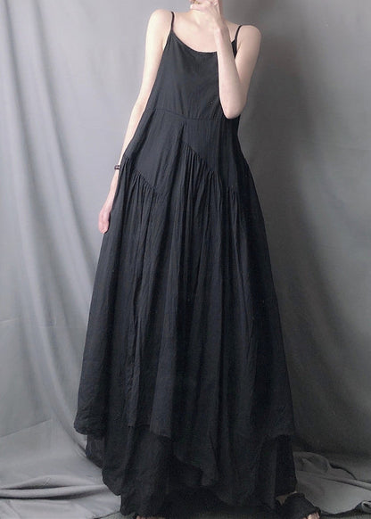 Classy Black Asymmetrical Wrinkled Patchwork Cotton Spaghetti Strap Dress Sleeveless Ada Fashion