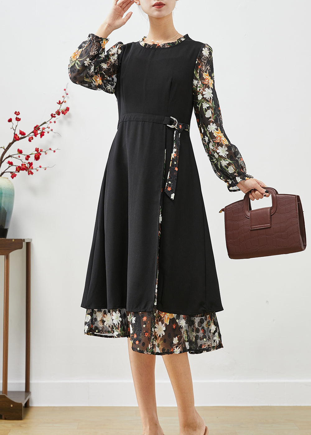 Classy Black Cinched Patchwork Silk Fake Two Piece Dress Fall Ada Fashion