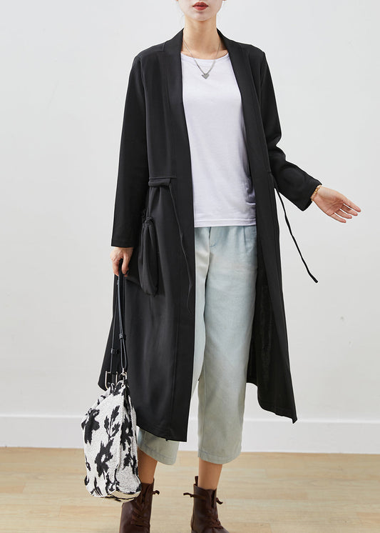 Classy Black Drawstring Pockets Cotton Trench Coats Fall Ada Fashion