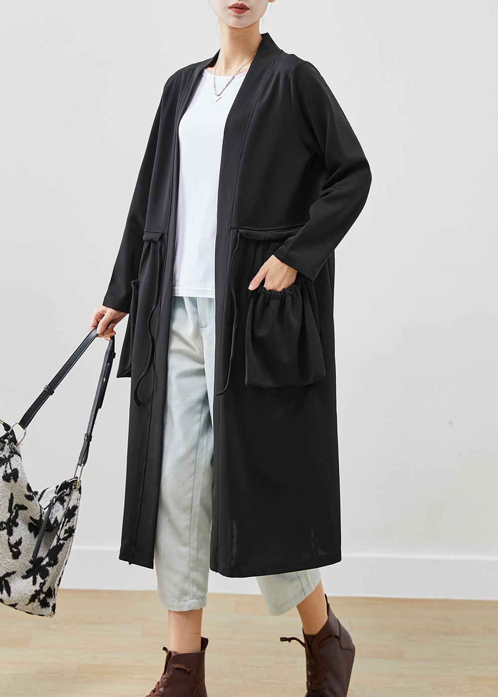 Classy Black Drawstring Pockets Cotton Trench Coats Fall Ada Fashion