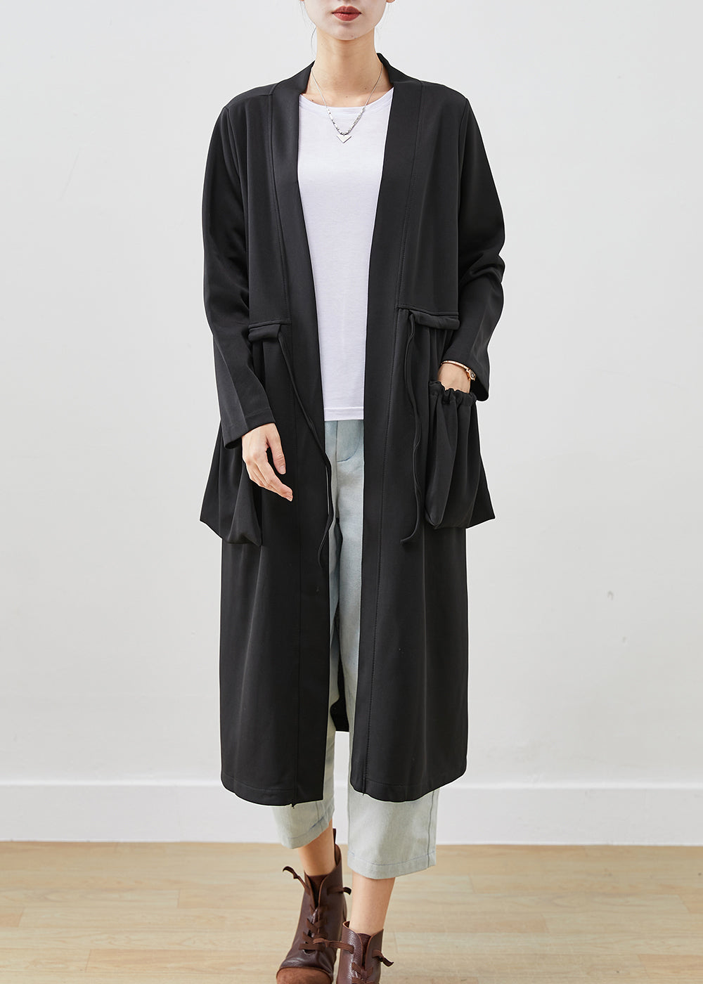 Classy Black Drawstring Pockets Cotton Trench Coats Fall Ada Fashion