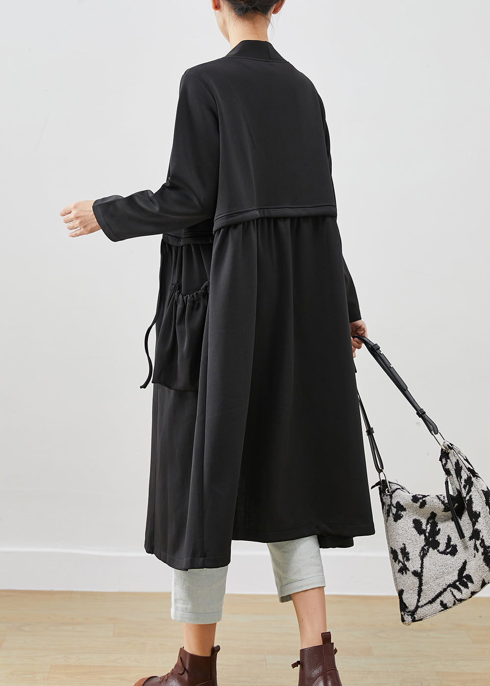 Classy Black Drawstring Pockets Cotton Trench Coats Fall Ada Fashion