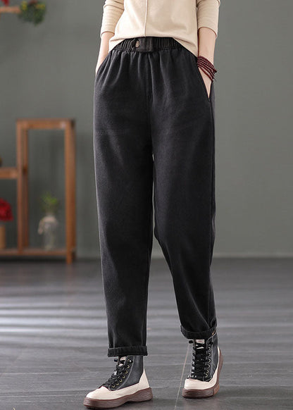 Classy Black Elastic Waist Pockets Warm Fleece Denim Pants Spring TG1021 - fabuloryshop