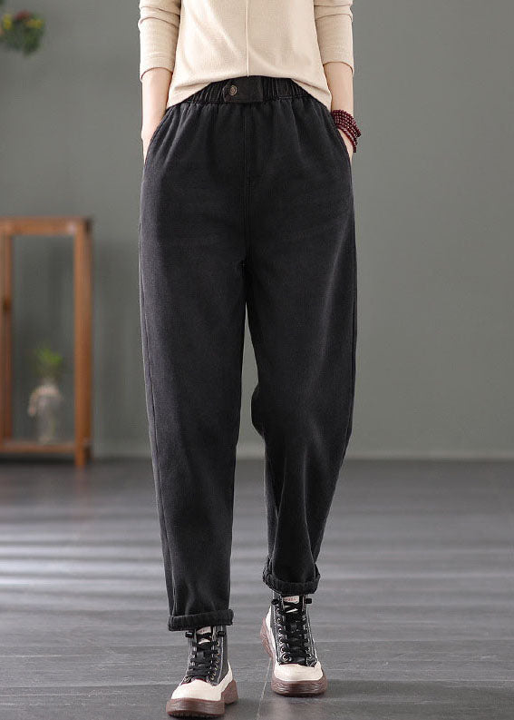 Classy Black Elastic Waist Pockets Warm Fleece Denim Pants Spring TG1021 - fabuloryshop