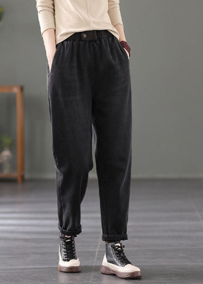 Classy Black Elastic Waist Pockets Warm Fleece Denim Pants Spring TG1021 - fabuloryshop