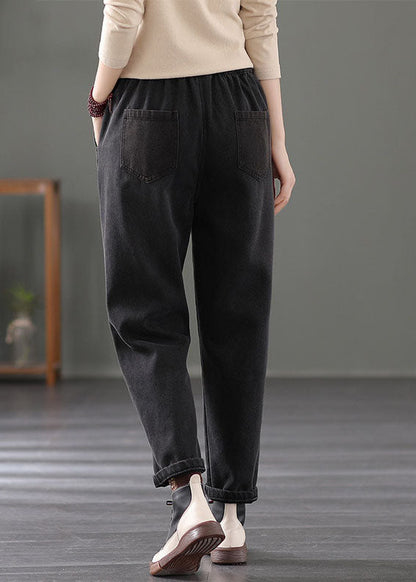 Classy Black Elastic Waist Pockets Warm Fleece Denim Pants Spring TG1021 - fabuloryshop