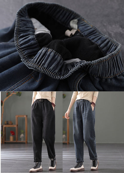 Classy Black Elastic Waist Pockets Warm Fleece Denim Pants Spring TG1021 - fabuloryshop