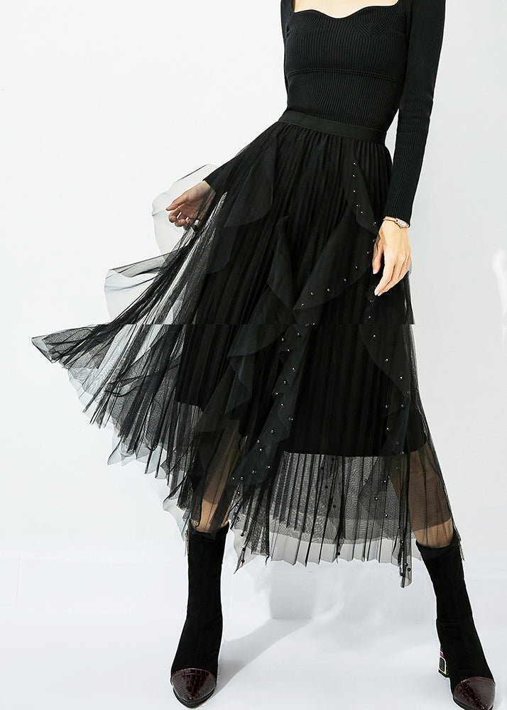 Classy Black Elastic Waist Ruffles Nail Bead Tulle Beach Skirts Summer LY0854 - fabuloryshop