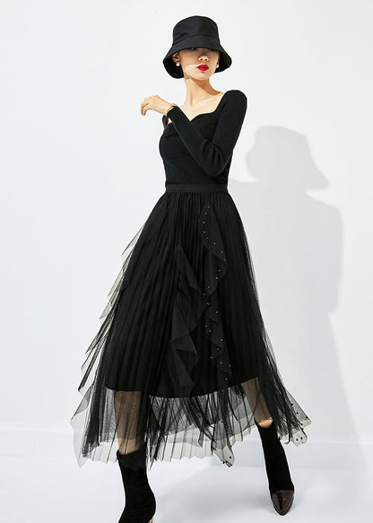 Classy Black Elastic Waist Ruffles Nail Bead Tulle Beach Skirts Summer LY0854 - fabuloryshop