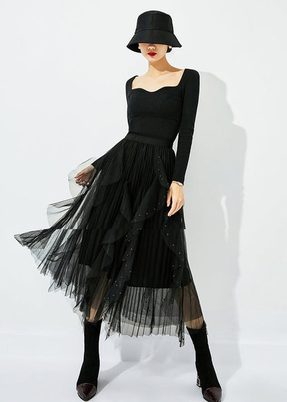 Classy Black Elastic Waist Ruffles Nail Bead Tulle Beach Skirts Summer LY0854 - fabuloryshop