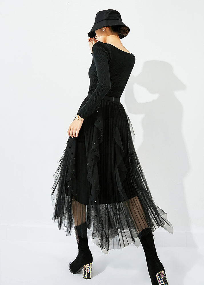 Classy Black Elastic Waist Ruffles Nail Bead Tulle Beach Skirts Summer LY0854 - fabuloryshop