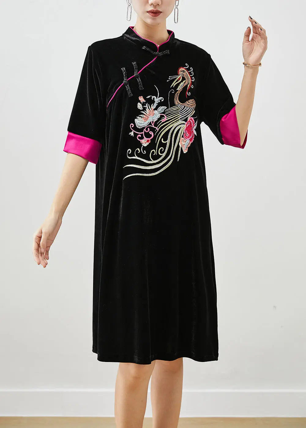 Classy Black Embroideried Silk Velour Dresses Half Sleeve Ada Fashion