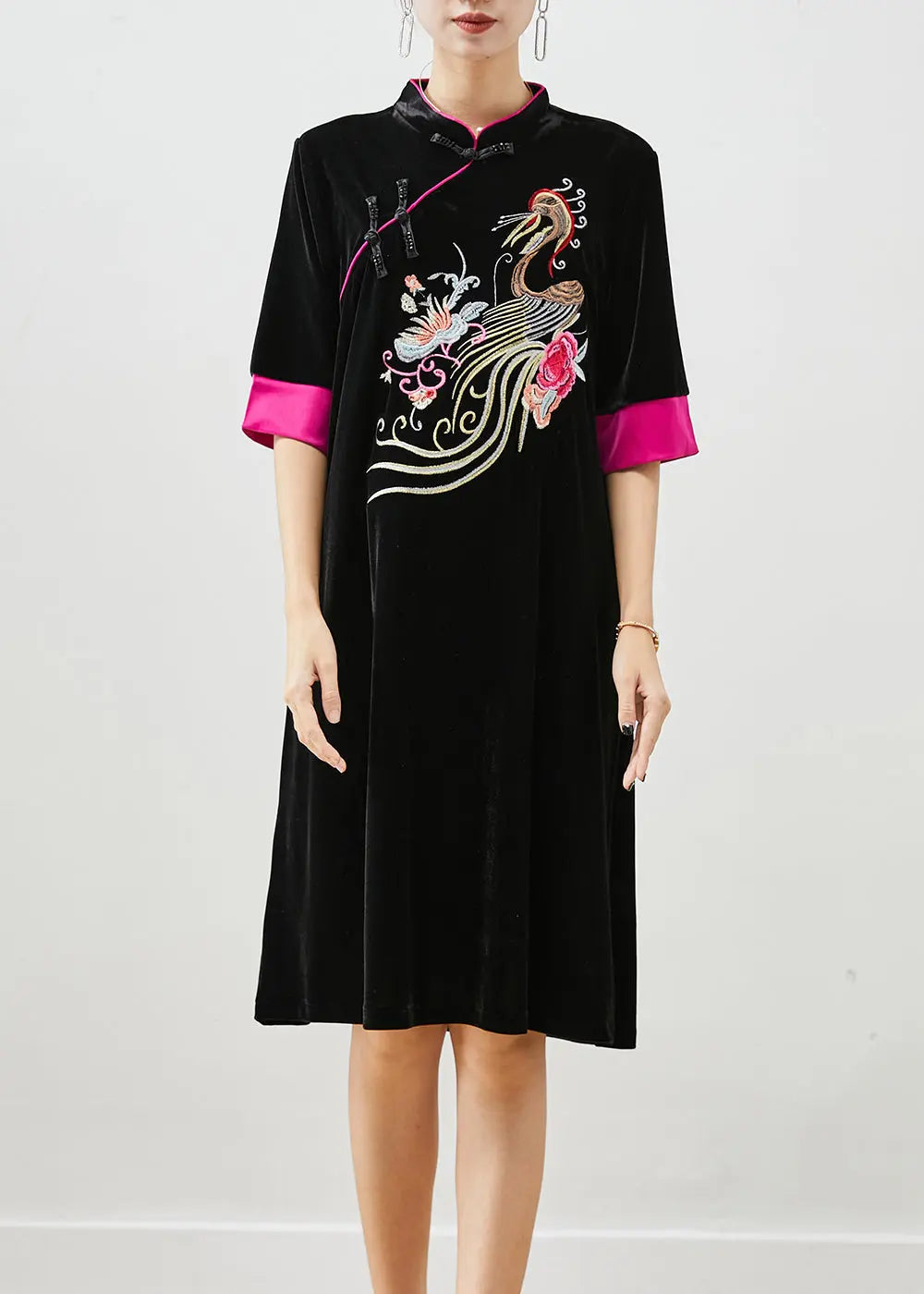 Classy Black Embroideried Silk Velour Dresses Half Sleeve Ada Fashion