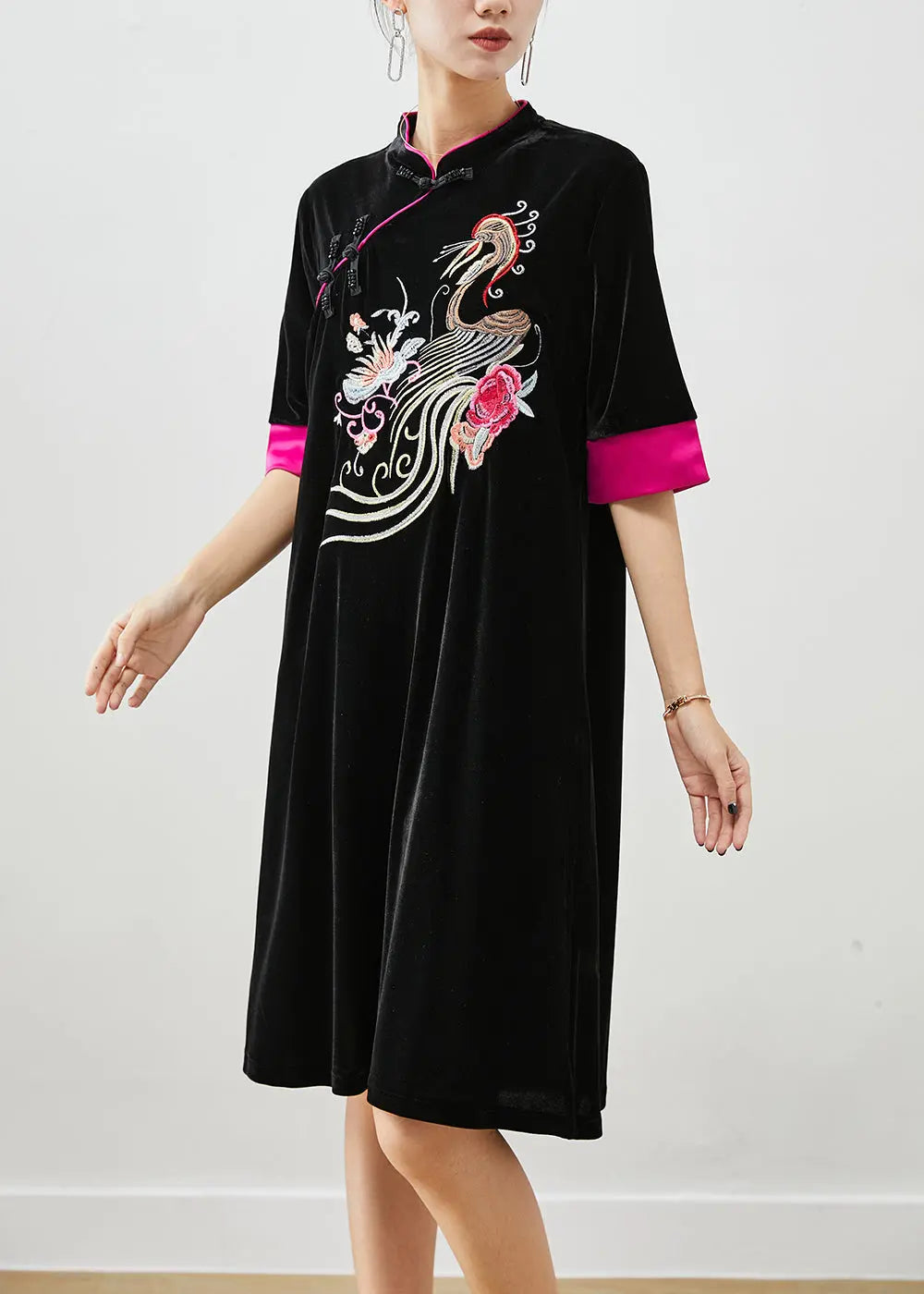 Classy Black Embroideried Silk Velour Dresses Half Sleeve Ada Fashion