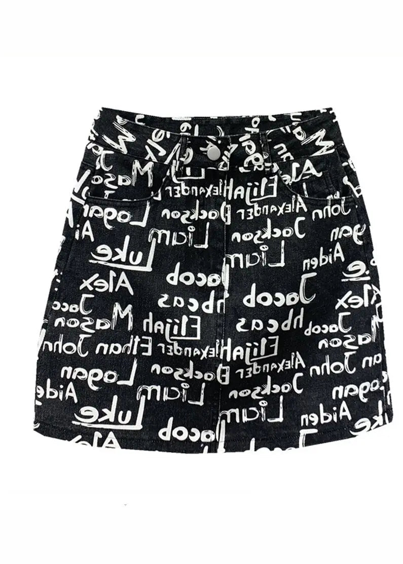 Classy Black High Waist Graphic Print Denim Hip Wrap Skirts Ada Fashion