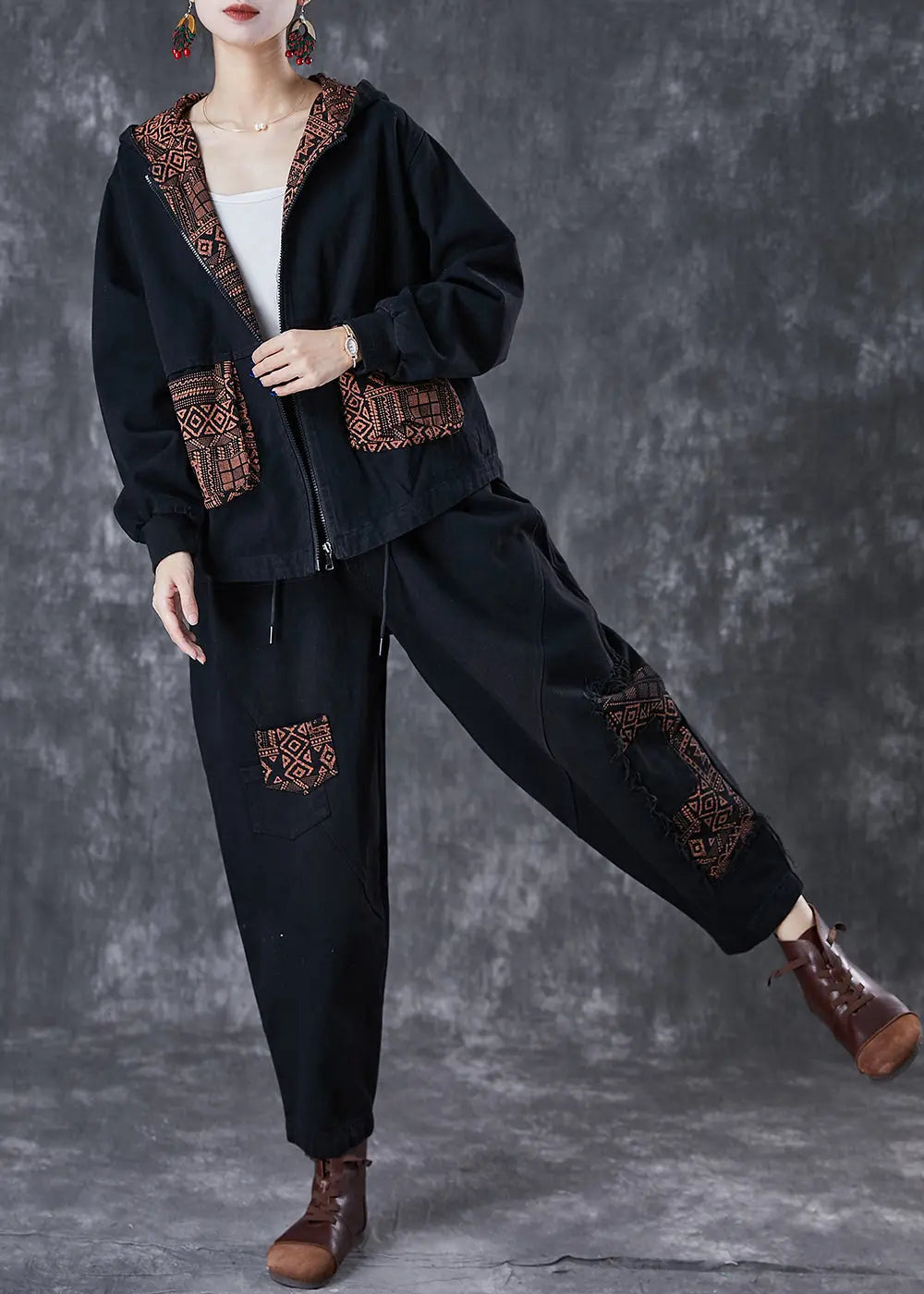 Classy Black Hooded Patchwork Pockets Denim Two Pieces Set Fall Ada Fashion