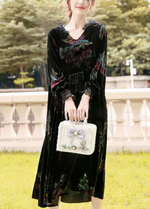 Classy Black Hooded Print Silk Velour Party Dress Spring LY0733 - fabuloryshop