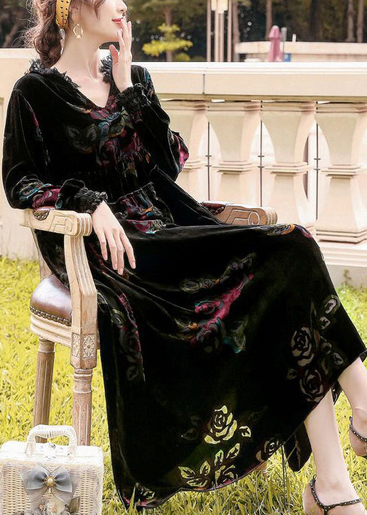 Classy Black Hooded Print Silk Velour Party Dress Spring LY0733