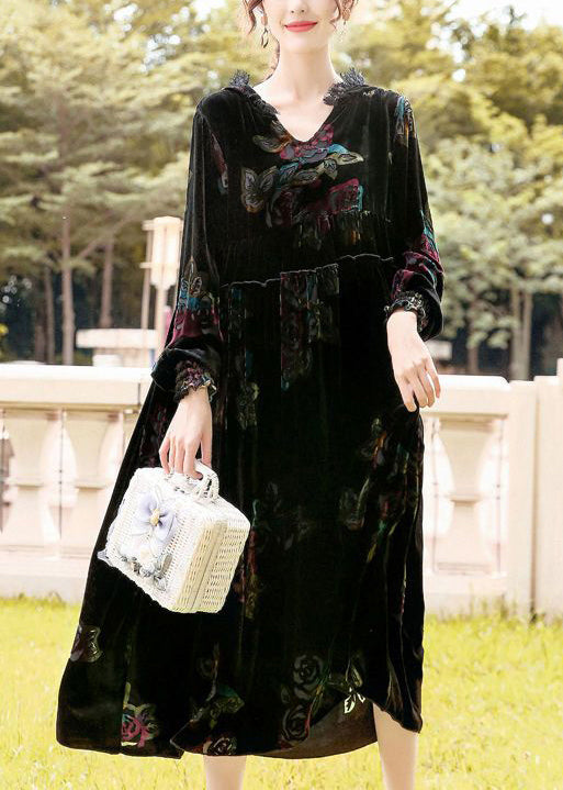 Classy Black Hooded Print Silk Velour Party Dress Spring LY0733 - fabuloryshop