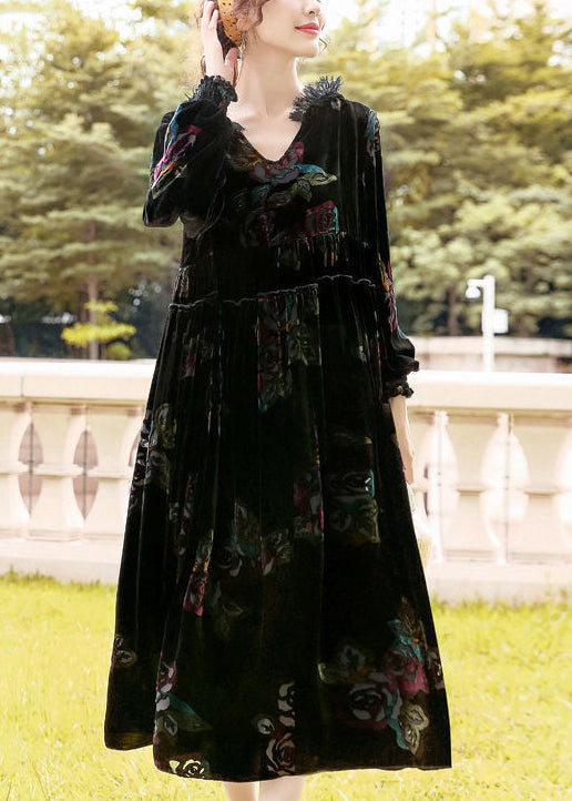 Classy Black Hooded Print Silk Velour Party Dress Spring LY0733 - fabuloryshop