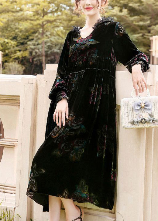 Classy Black Hooded Print Silk Velour Party Dress Spring LY0733 - fabuloryshop