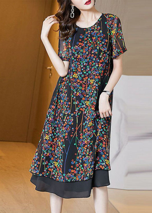 Classy Black O-Neck Patchwork Print Chiffon Long Dress Summer LY0520 - fabuloryshop