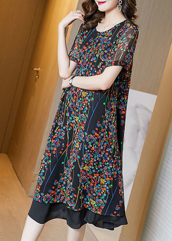 Classy Black O-Neck Patchwork Print Chiffon Long Dress Summer LY0520