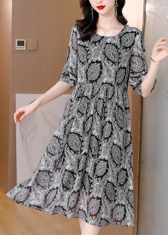 Classy Black O-Neck Print Chiffon A Line Dress Half Sleeve TH1022 - fabuloryshop